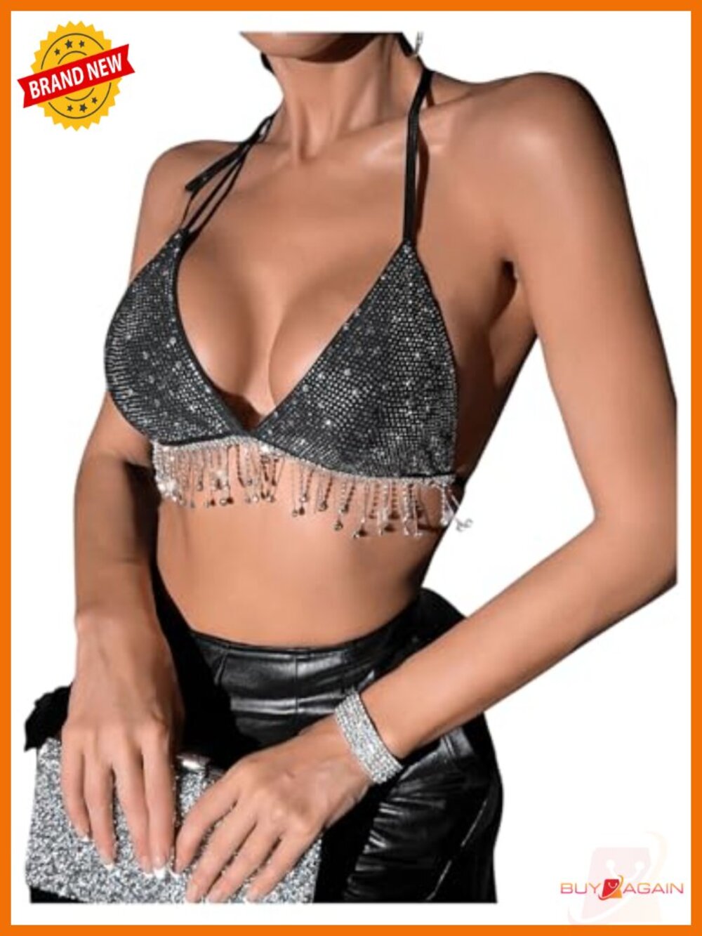 Sequin Halter Backless Rhinestone Fringe Glitter Crop Top for Party Night